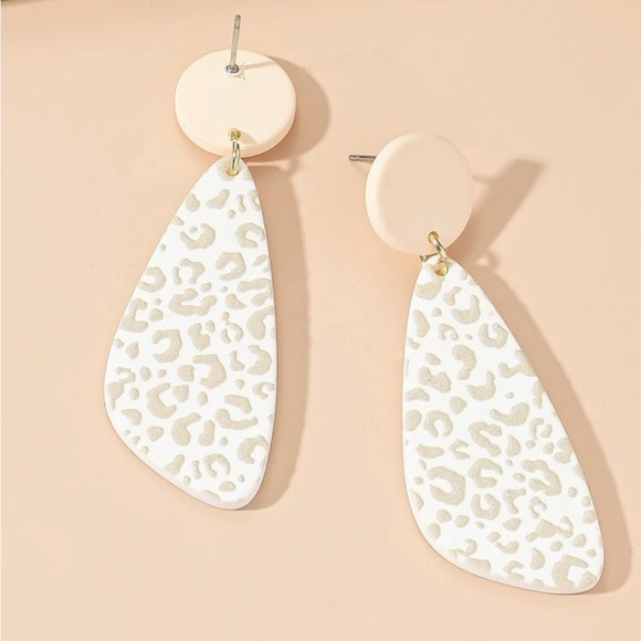 Ivory and White Leopard Pattern Geometric Clay Drop Earrings - Picture 2 of 3